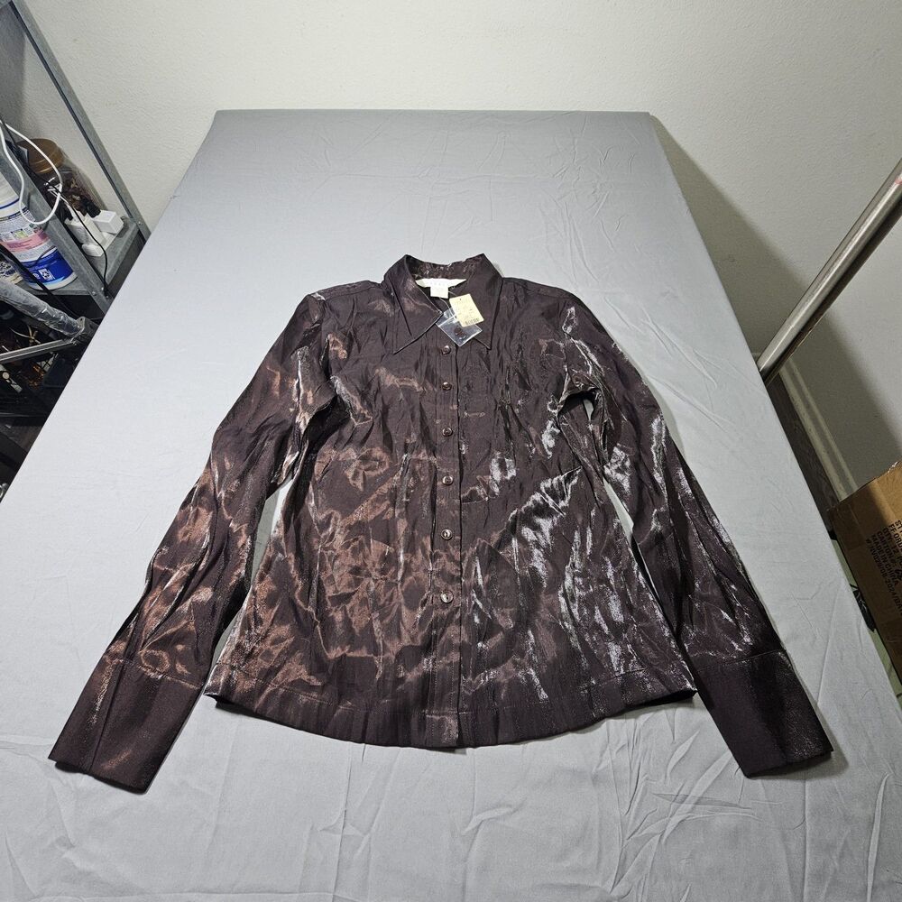 Vintage Express Purple Shimmer Rayon Satin Button Up Blouse Shirt Top Small
